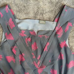 Gray and Pink Floral Silk Midi Dress